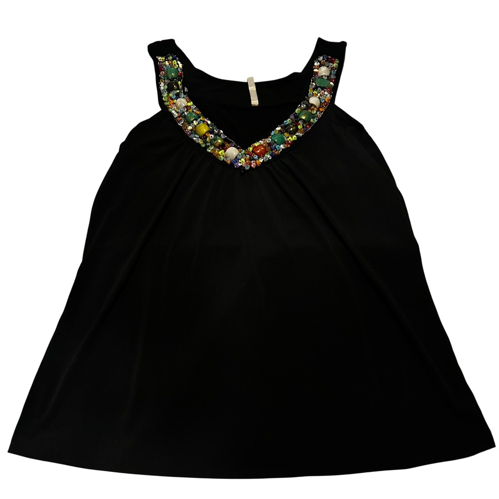 Black Beaded Boho Swing Tank Top Y2K Festival Babydoll Sz L Embellished Festival